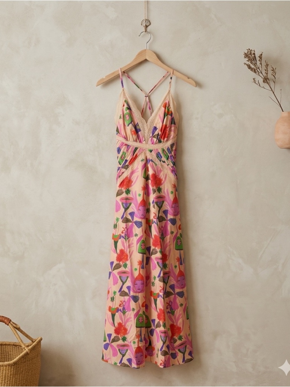 Farm Rio Sand Fairies Lace Trim Slip Midi Dress NWT Medium Beige Pink